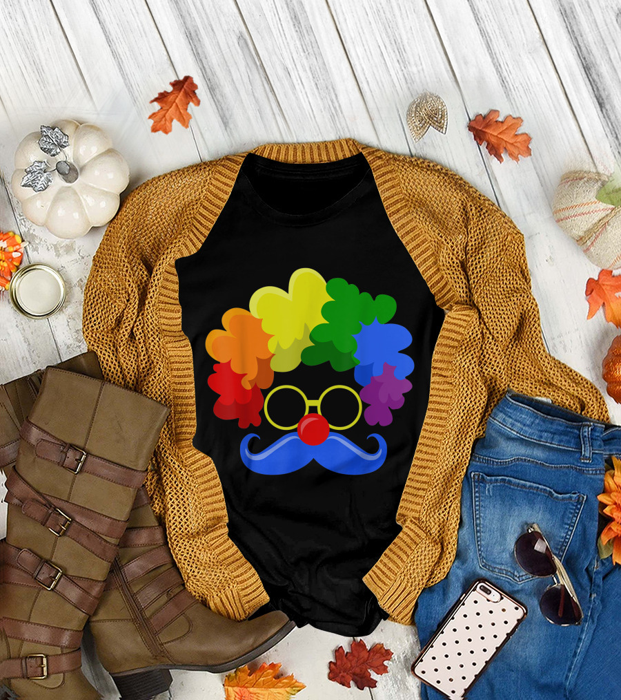 Halloween Clown Face Colorful Wig Moustache Glasses Nose T-Shirt