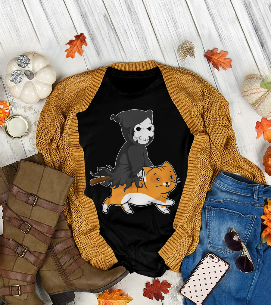 Grim Reaper Cute Cat Ride Comical Dark Humor T-Shirt