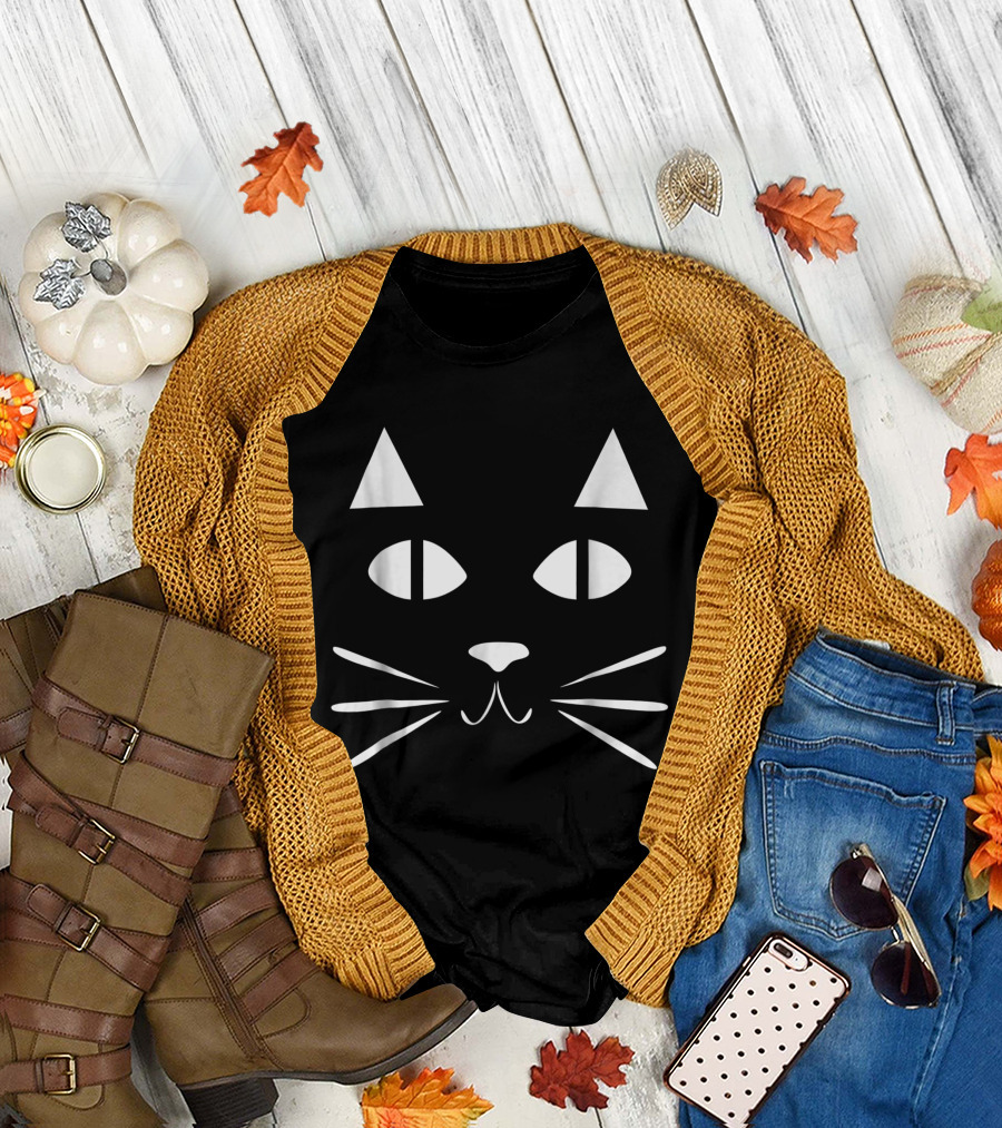 Cute Halloween Black Cat Face with Whiskers and Ears T-Shirt