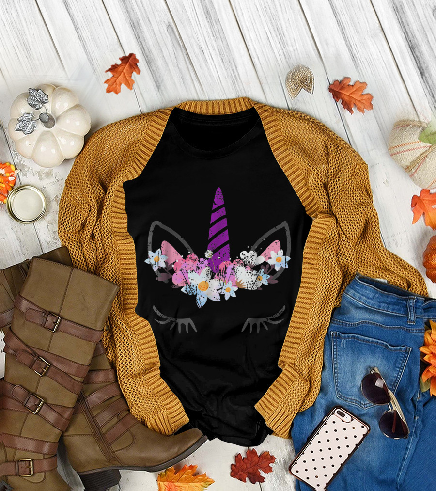 Unicorn Face with Flowers and Horn T-Shirt