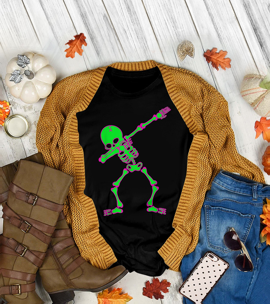 Dabbing Skeleton Kids Bones Halloween Green Pink Neon Dance T-Shirt