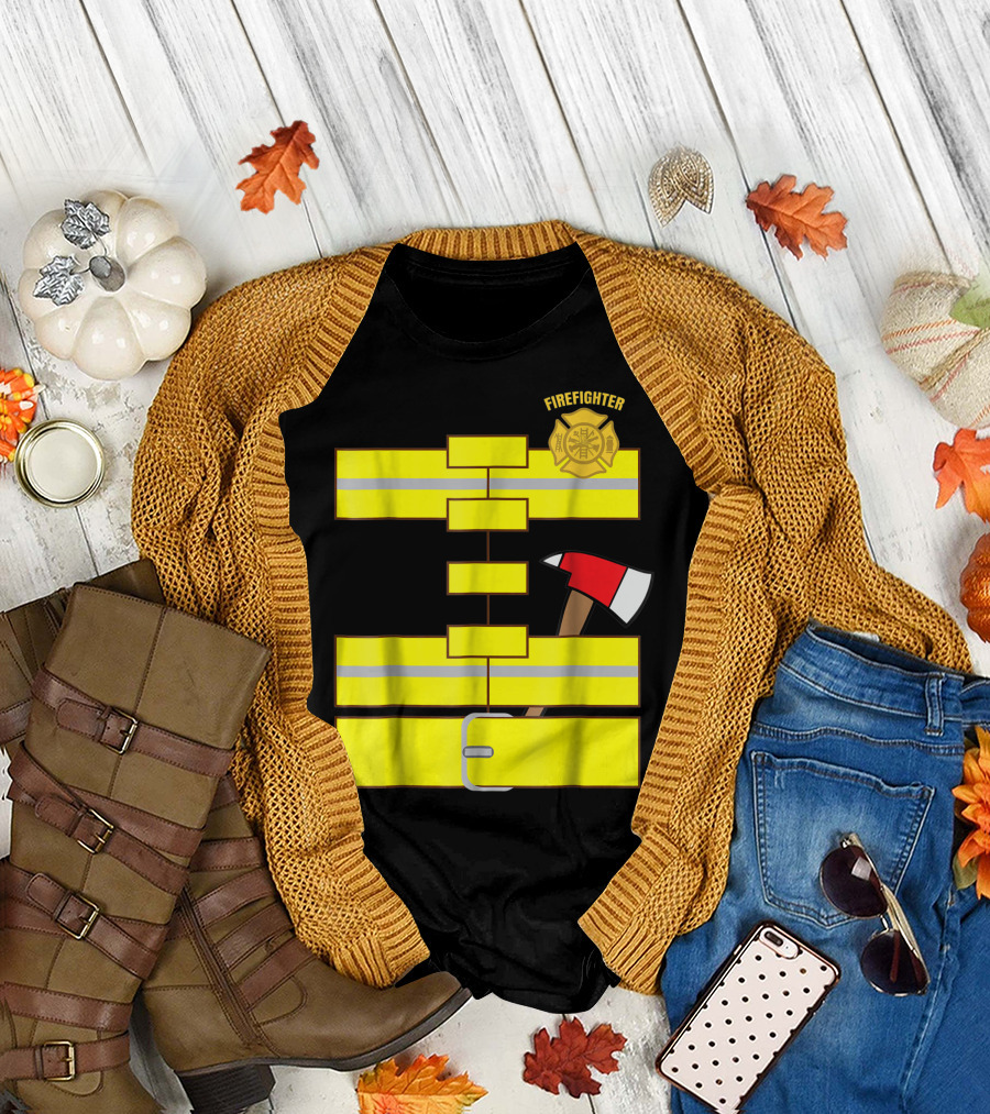 Firefighter Costume Yellow Reflective Ax Badge T-Shirt