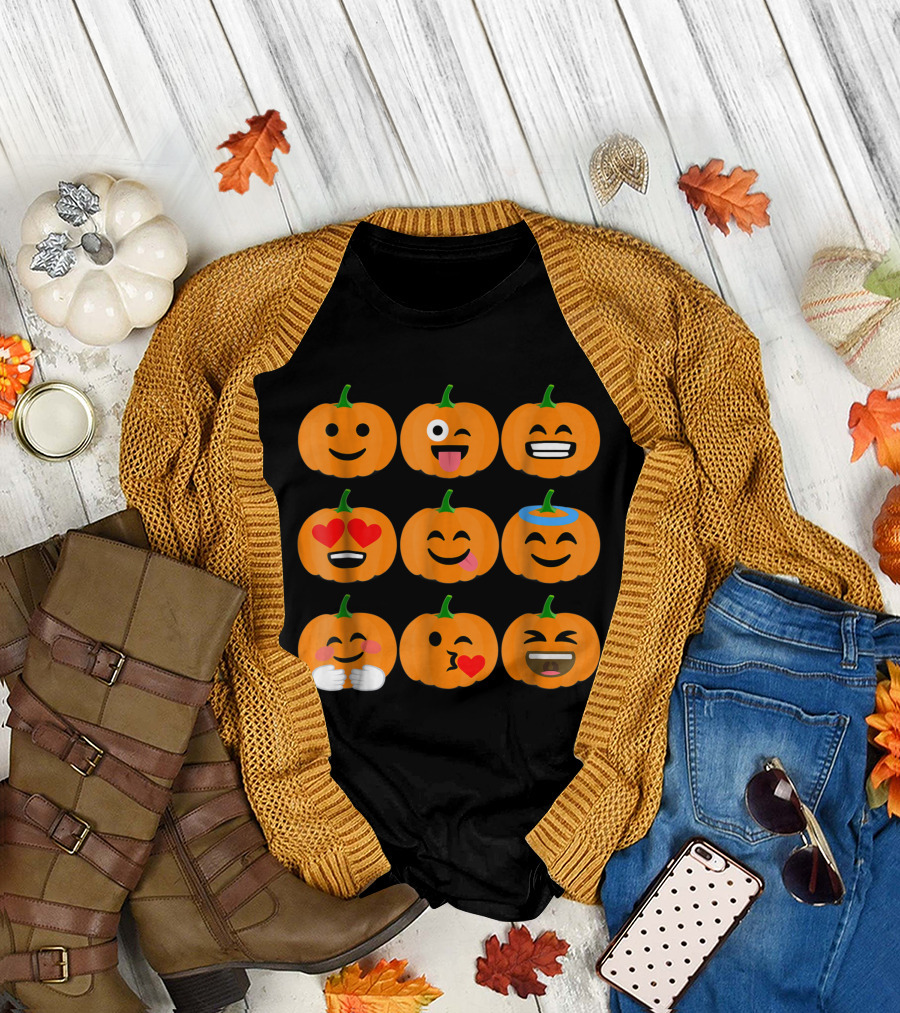 Pumpkins with Emoji Inspired Funny Faces T-Shirt