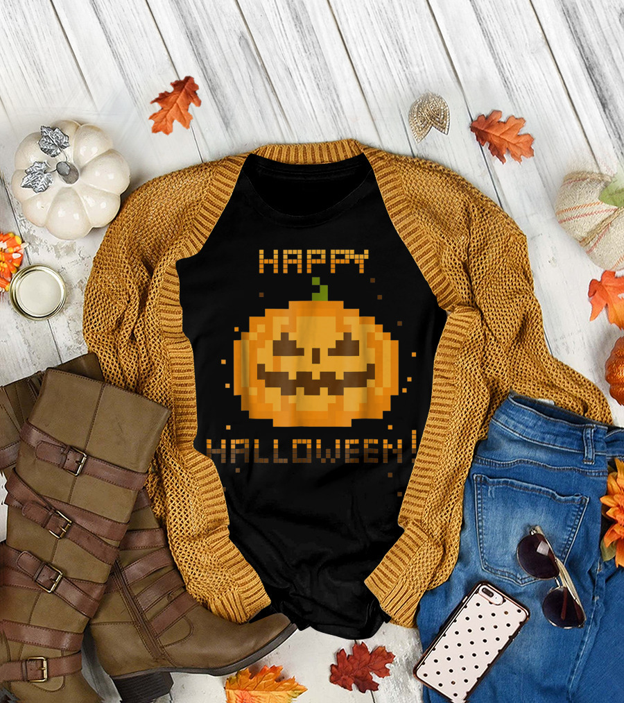 Happy Halloween Video Gamer Pixel Jack O Lantern T-Shirt