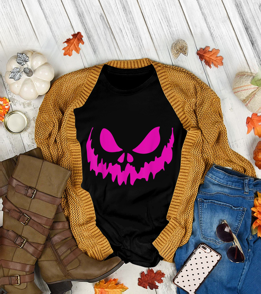 Scary Face Halloween Pink Creepy Grinning Jack-O'-Lantern T-Shirt