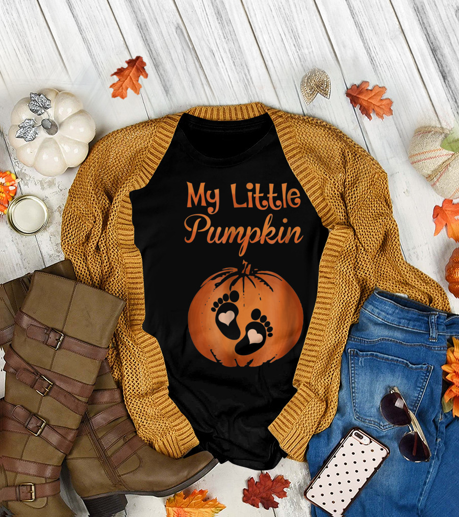 My Little Pumpkin Baby Shower Pregnancy Bump Footprints T-Shirt