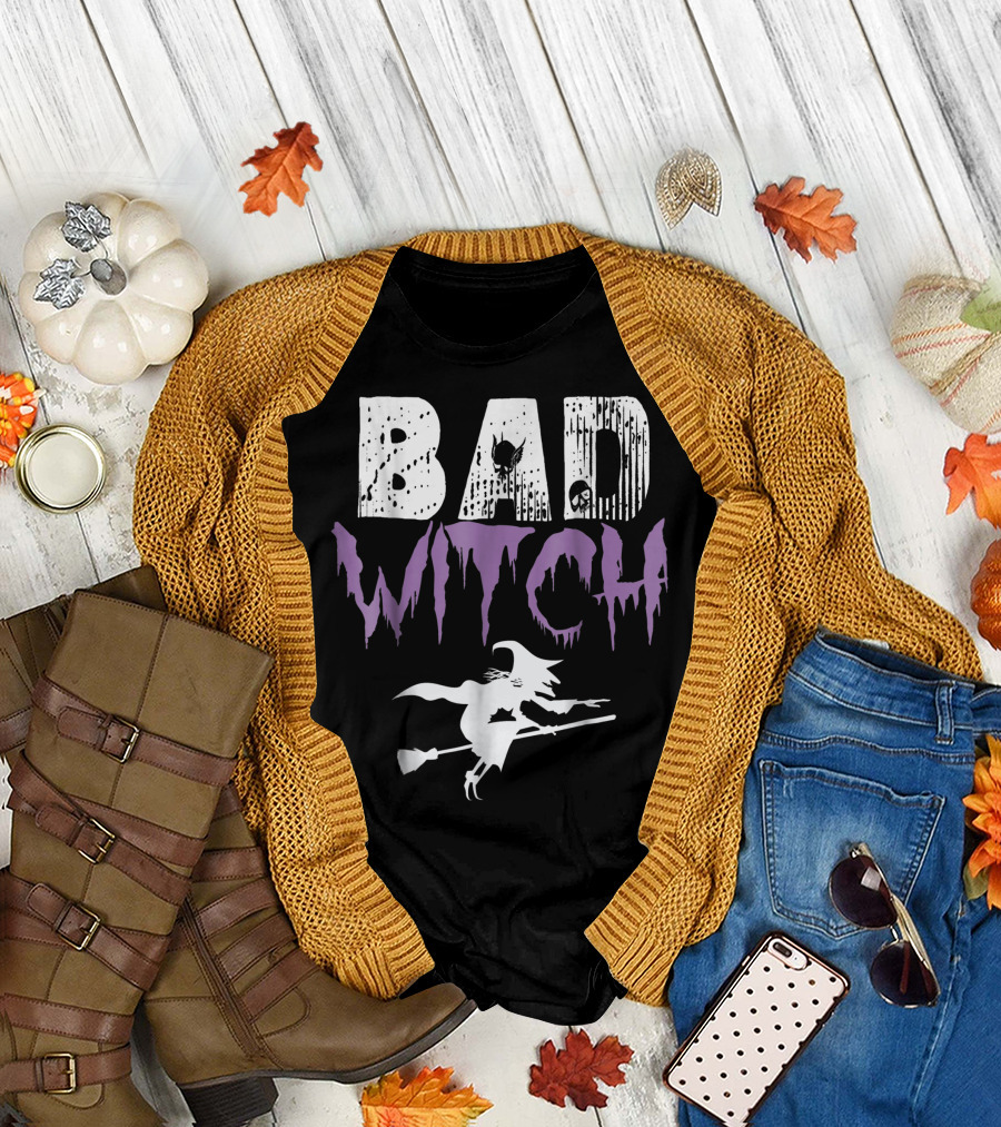 BAD WITCH Flying Broomstick Silhouette Spooky Halloween T-Shirt