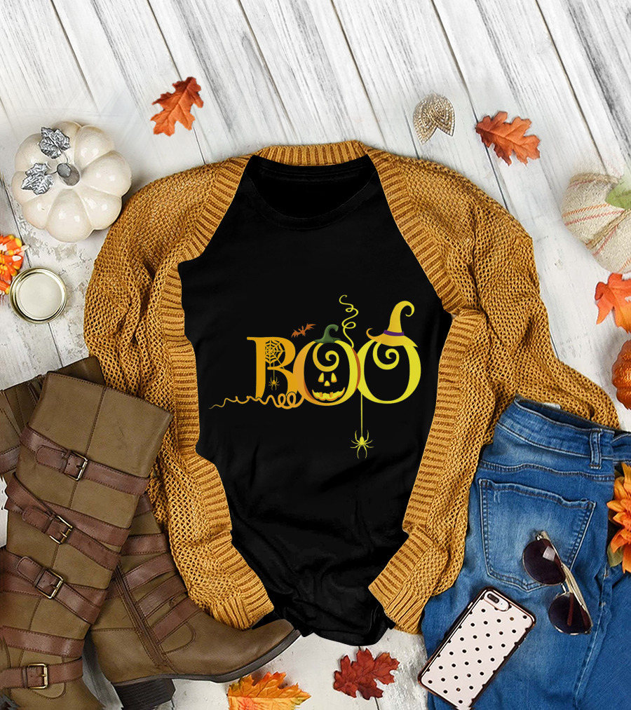 Boo Halloween Witch Hat Spider Bat Pumpkin Jack-o'-Lantern T-Shirt