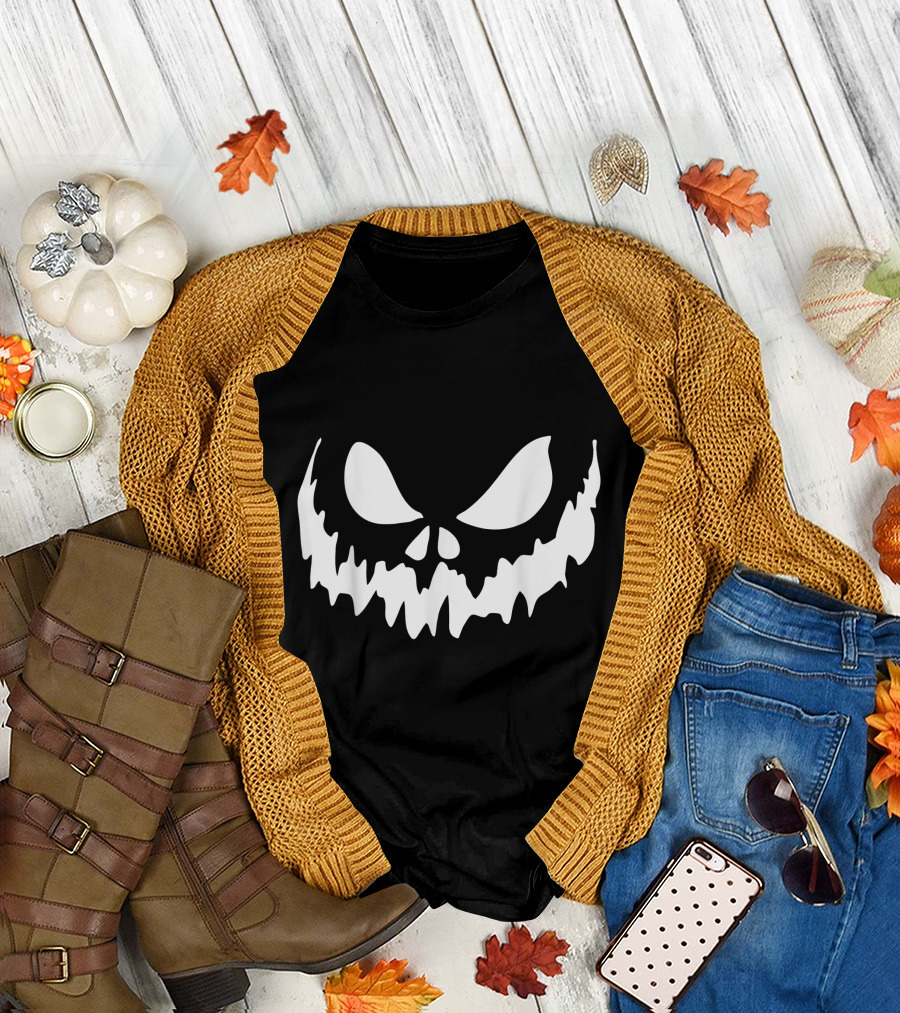 Scary Face Halloween Jack O Lantern Pumpkin Creepy Grin T-Shirt