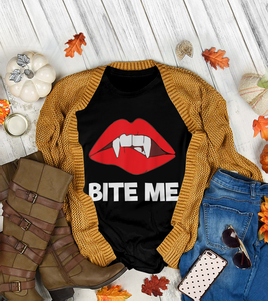Bite Me Vampire Lip Biting Fangs Red Lips T-Shirt