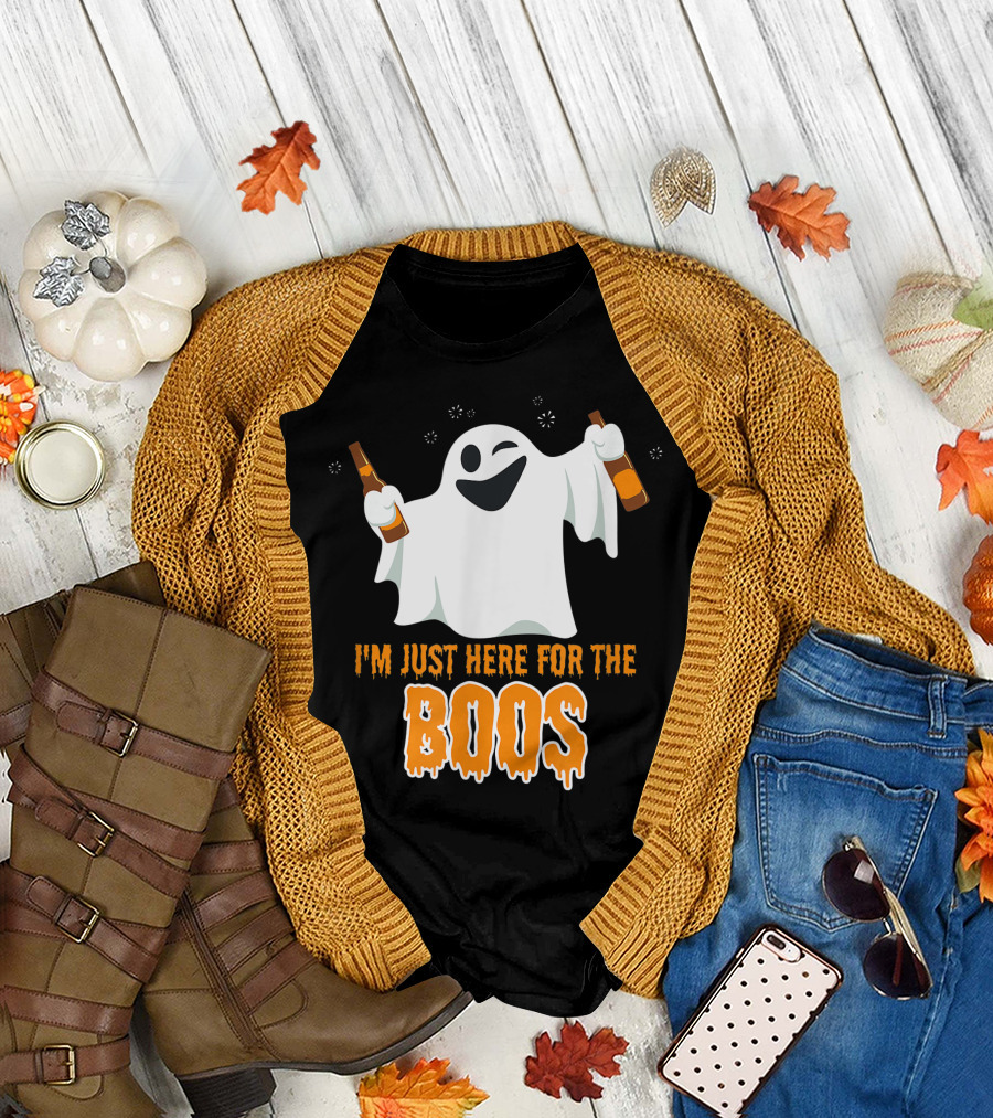I'm Just Here For The Boos Ghost Waving Wine Bottles Halloween Fun T-Shirt