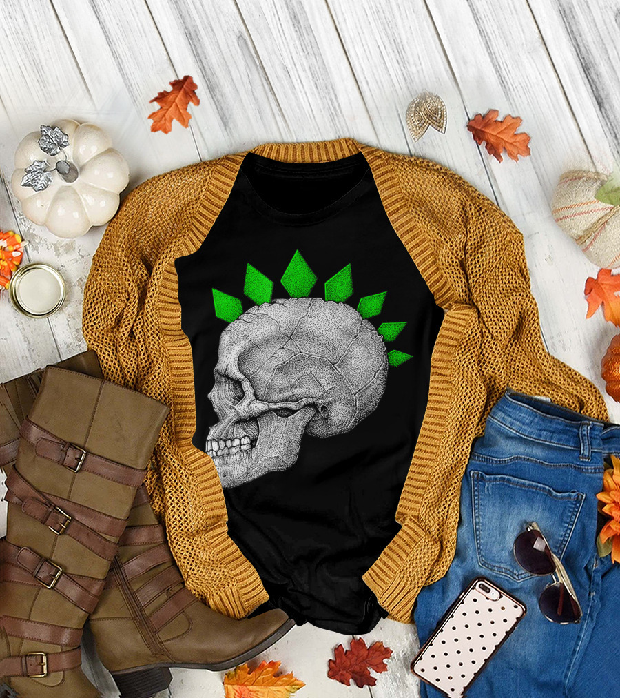 Halloween Skull Skeleton Head with Green Mohawk Spikes T-Shirt