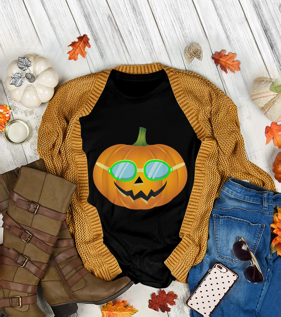 Halloween Pumpkin Wearing Goggles with Jack-O'-Lantern Face T-Shirt
