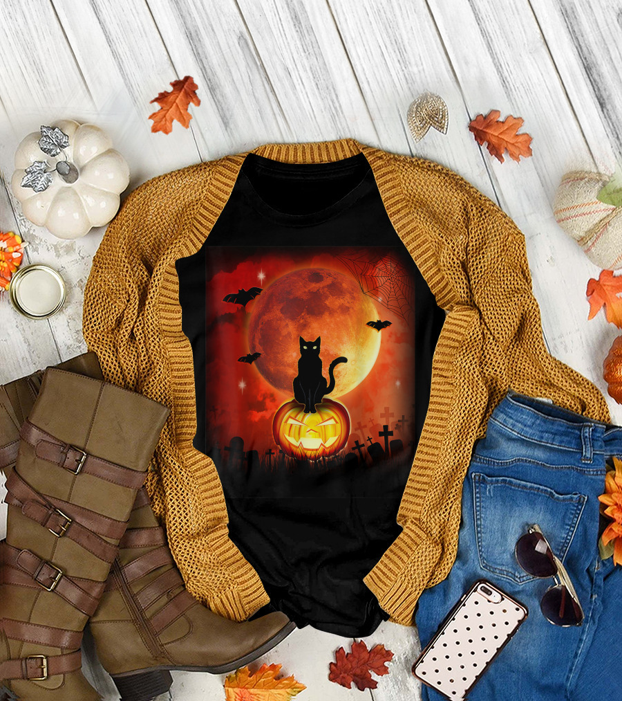 Halloween Black Cat on Jack-o'-Lantern with Full Moon and Bats for Adults T-Shirt