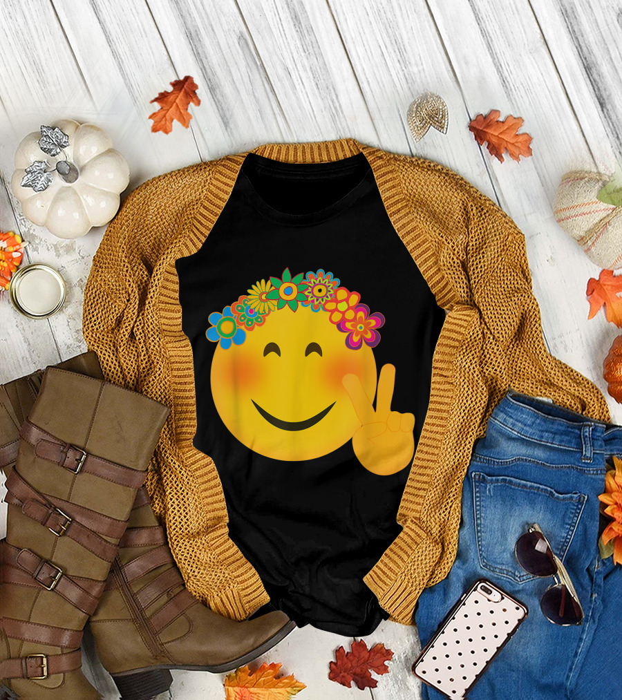 Hippie Emoji Funny Peace Flowers Hippy Smiley Face T-Shirt