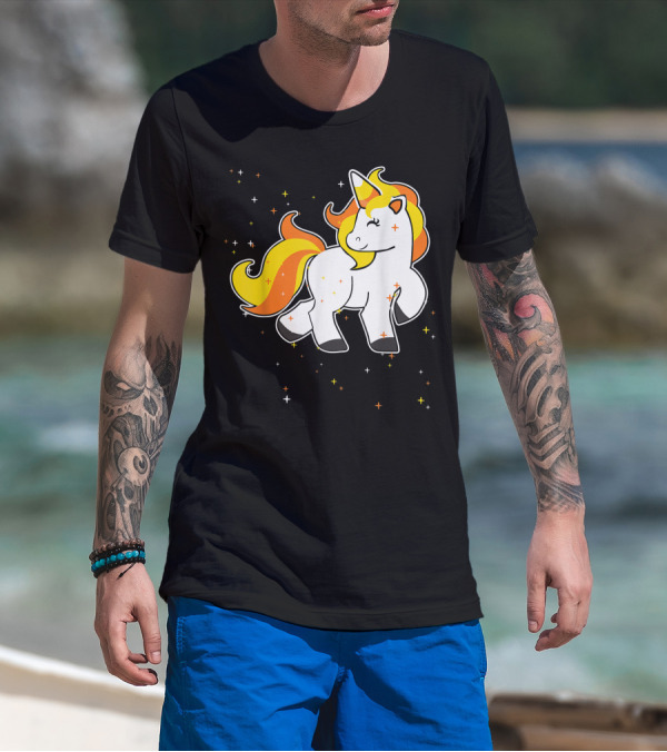 Unicorn Halloween Candy Corn Orange Yellow Sparkles T-Shirt