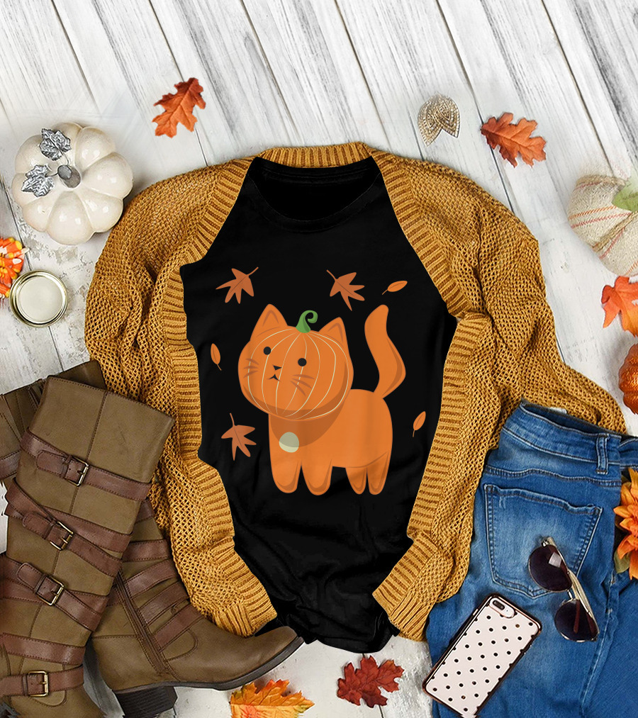 Cute Halloween Cat with Pumpkin Head and Falling Leaves T-Shirt