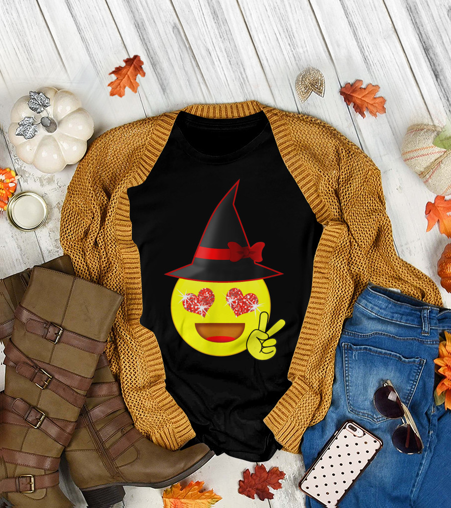 Halloween Witch Heart Eyes Emoji Peace Sign Hat Bow T-Shirt
