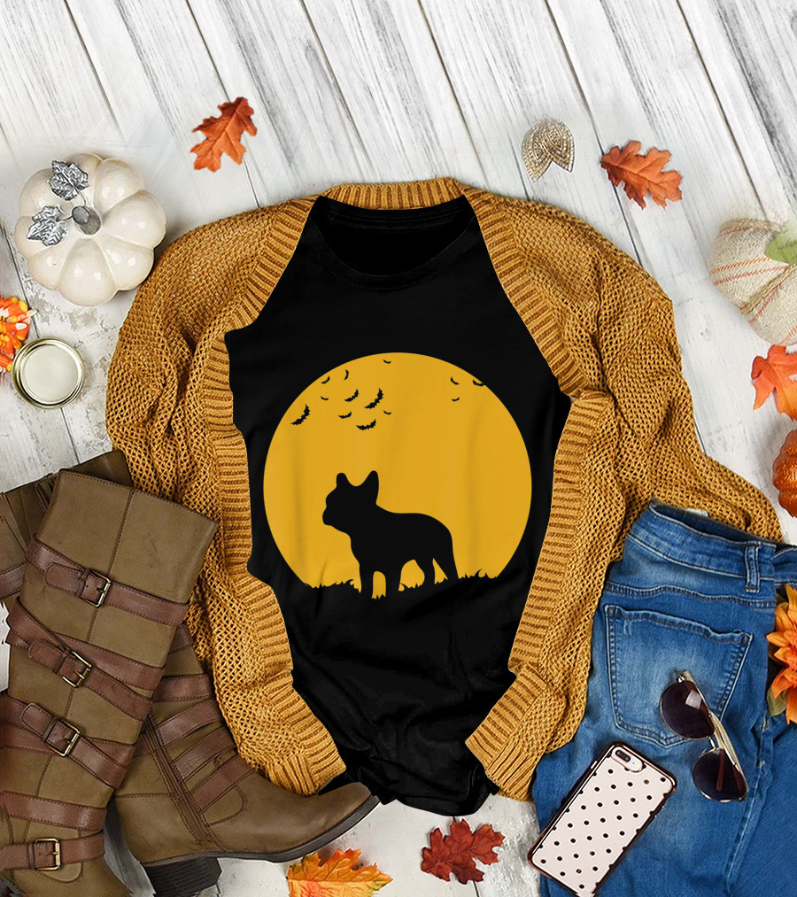 French Bulldog Silhouette Full Moon Halloween Bats T-Shirt