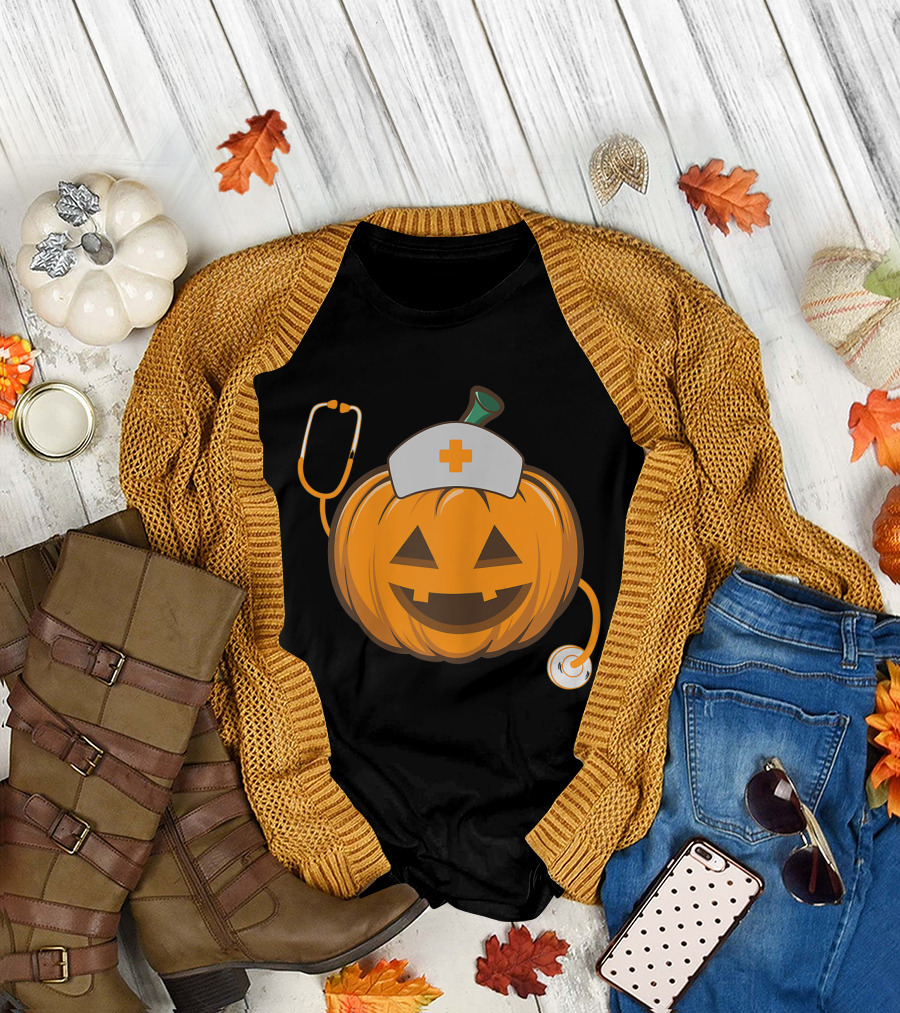 Halloween Pumpkin Nurse with Stethoscope T-Shirt