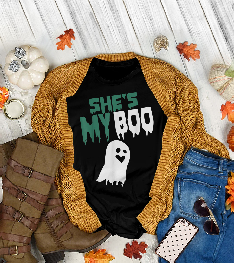 SHE'S MY BOO Ghost Heart Eye Design Halloween T-Shirt