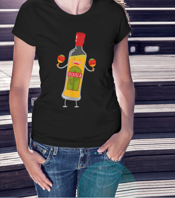 Tequila Bottle With Maracas And Cactus Label T-Shirt