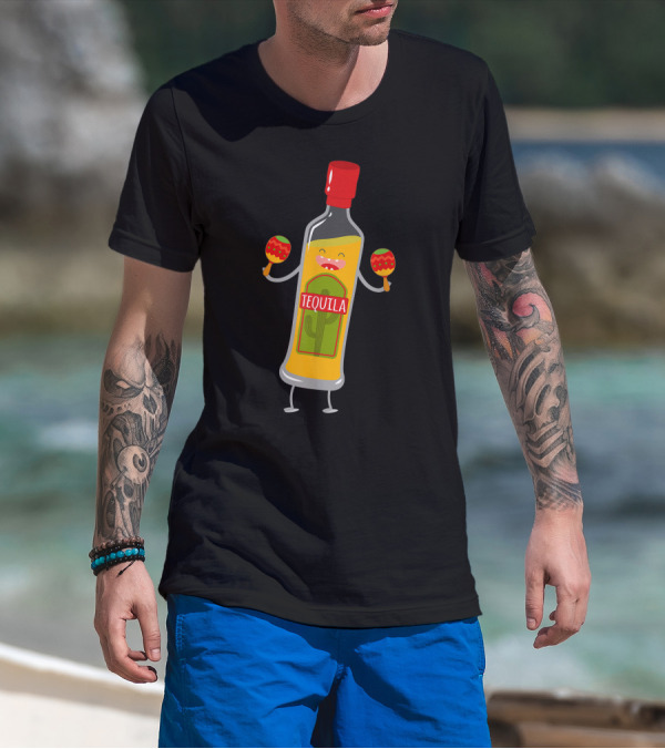 Tequila Bottle With Maracas And Cactus Label T-Shirt