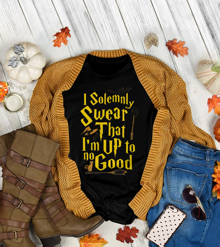 I Solemnly Swear That I'm Up To No Good Magic Wand Hat Cat Broomstick T-Shirt