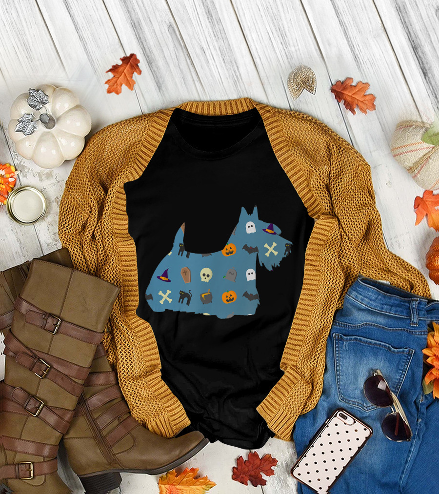 Scottish Terrier Scottie Dog Halloween Ghost Pumpkin Skull Bat Black Cat T-Shirt