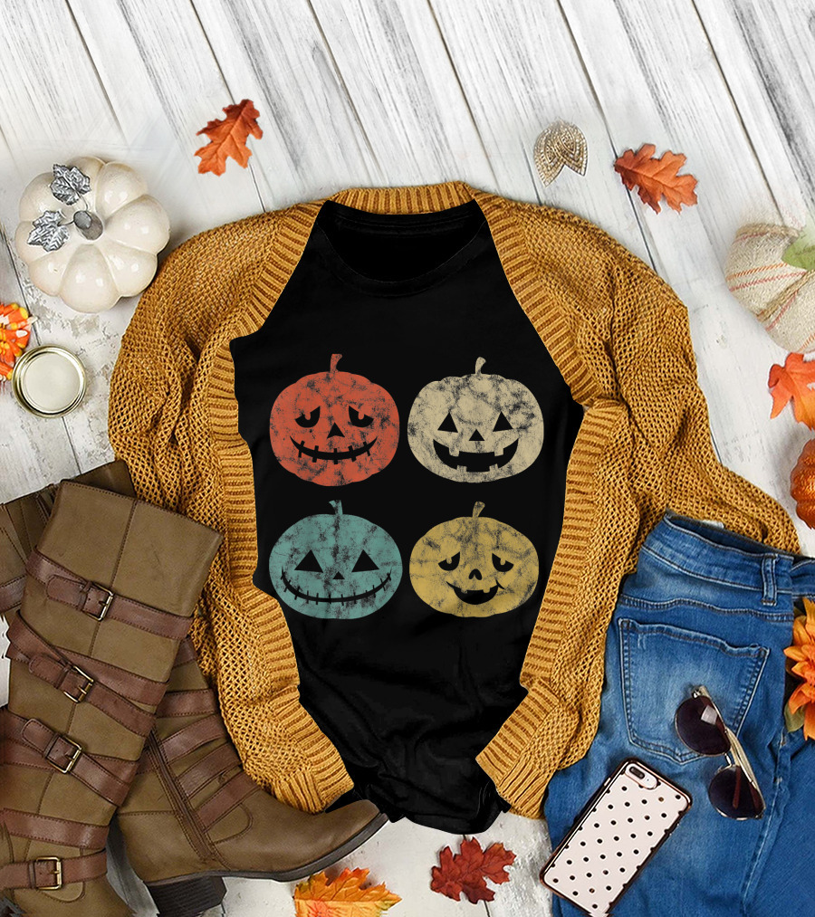 Vintage Pumpkin Multicolor Jack O' Lantern Faces T-Shirt