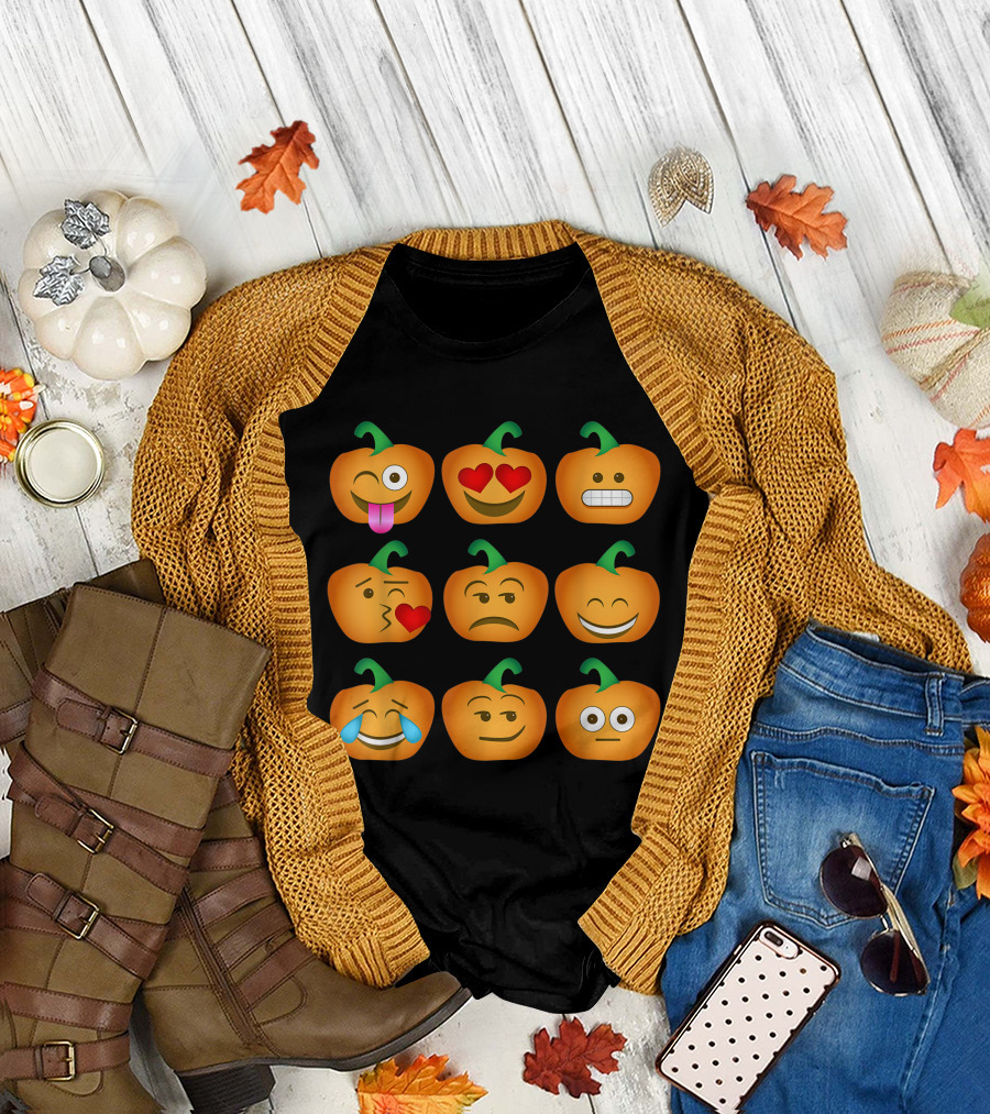 Pumpkin Emoji Faces Funny Halloween Fall T-Shirt