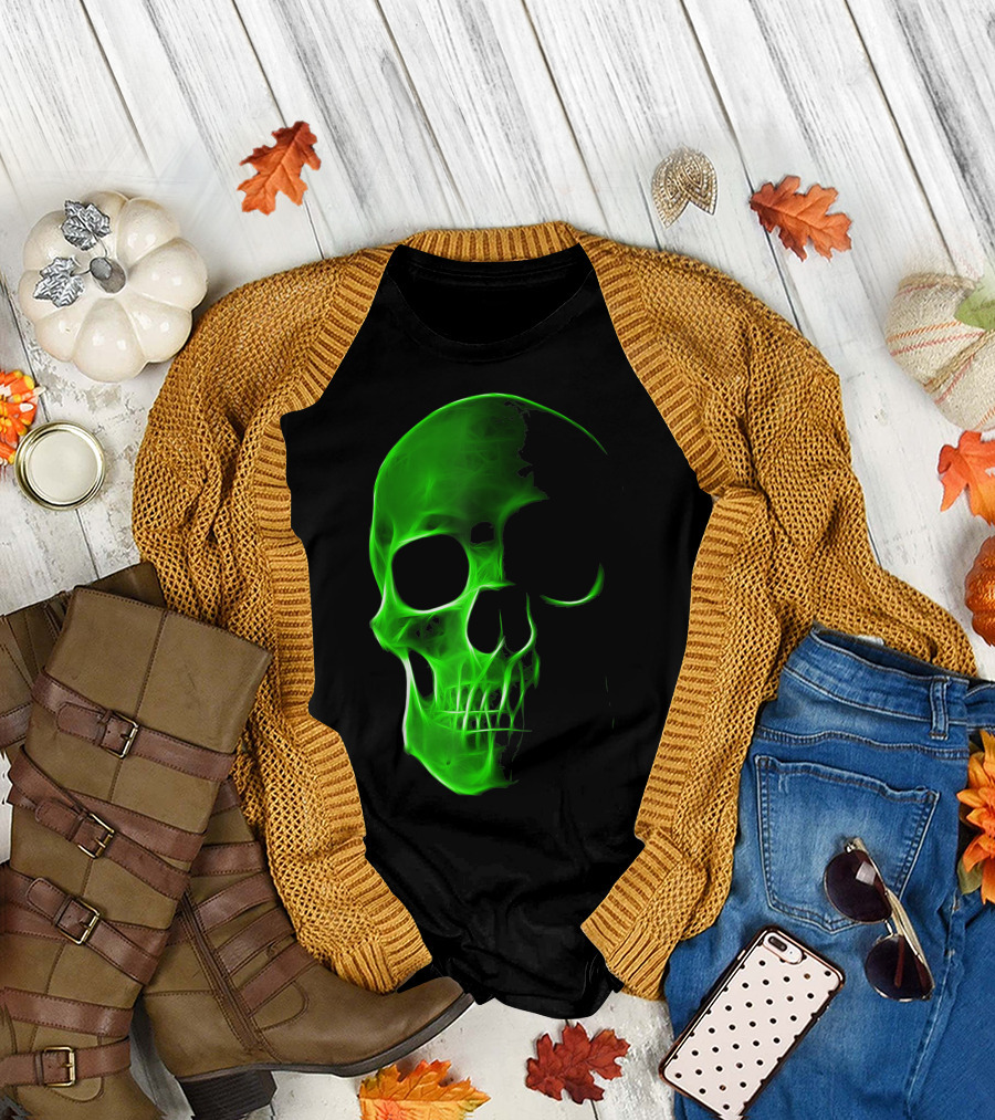 Scary Green Face Halloween Skull T-Shirt