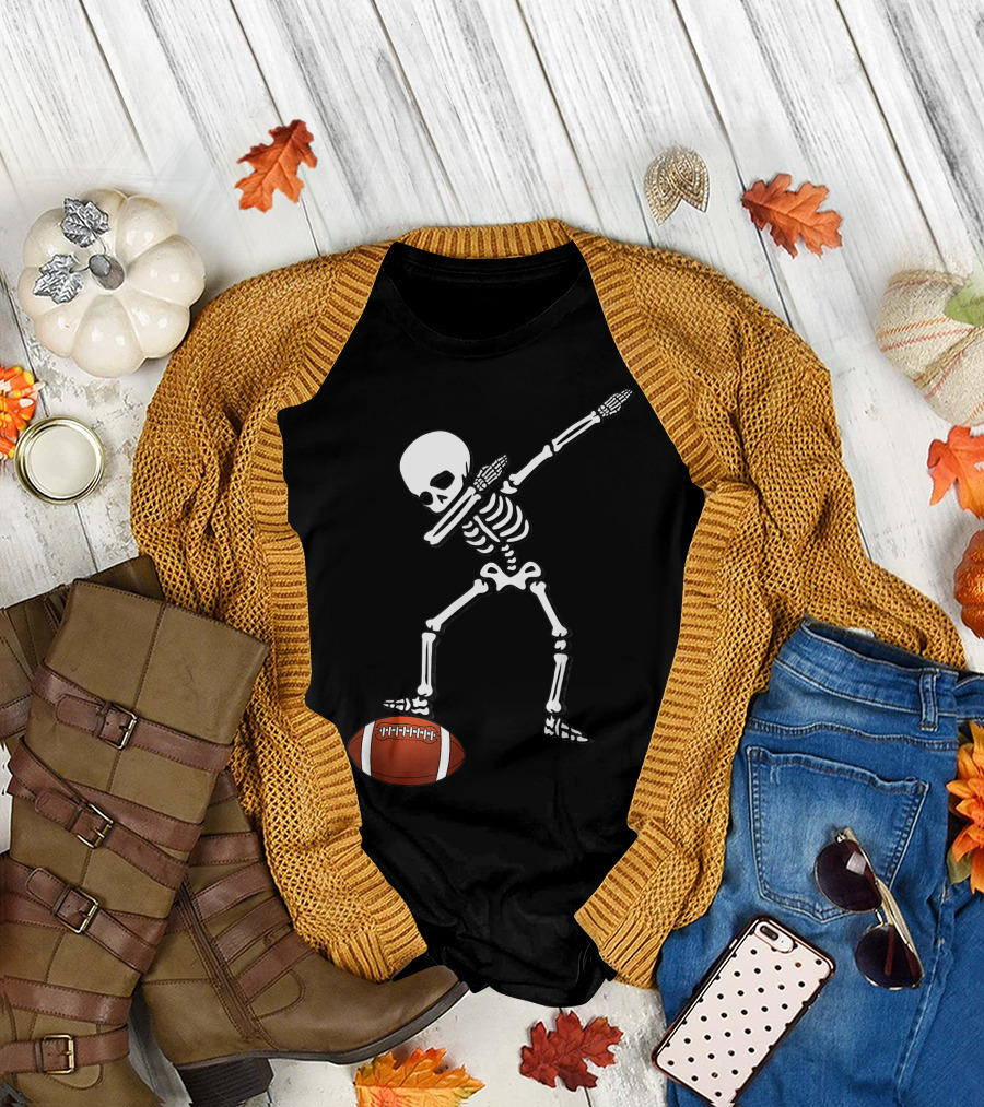 Skeleton Dabbing with Football Sports T-Shirt