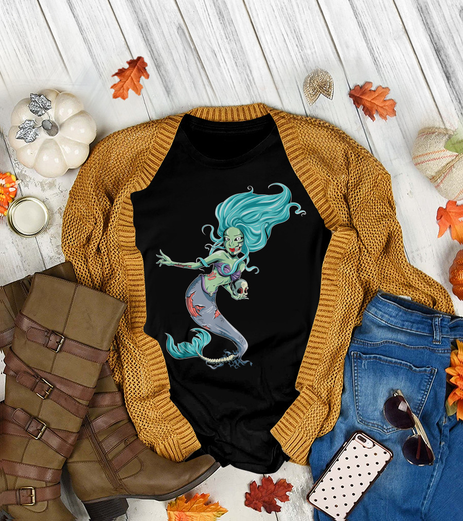 Halloween Mermaid Zombie Skull Hair T-Shirt