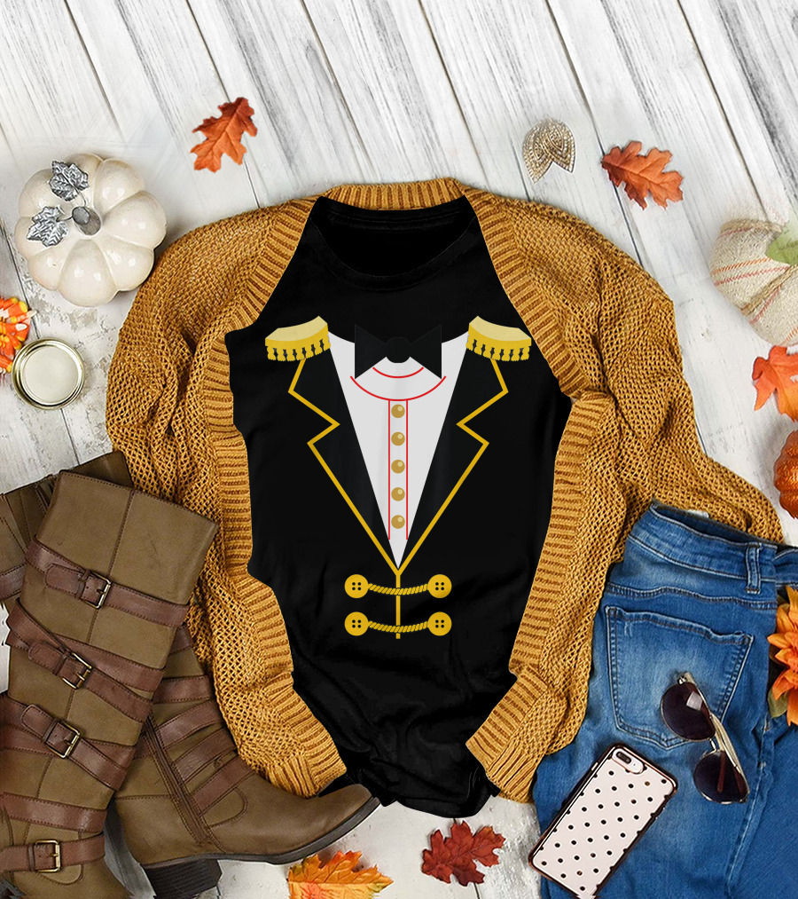 Ringmaster Costume Kids Circus Showman Tuxedo Jacket Bow Tie Gold Trim Epaulettes T-Shirt