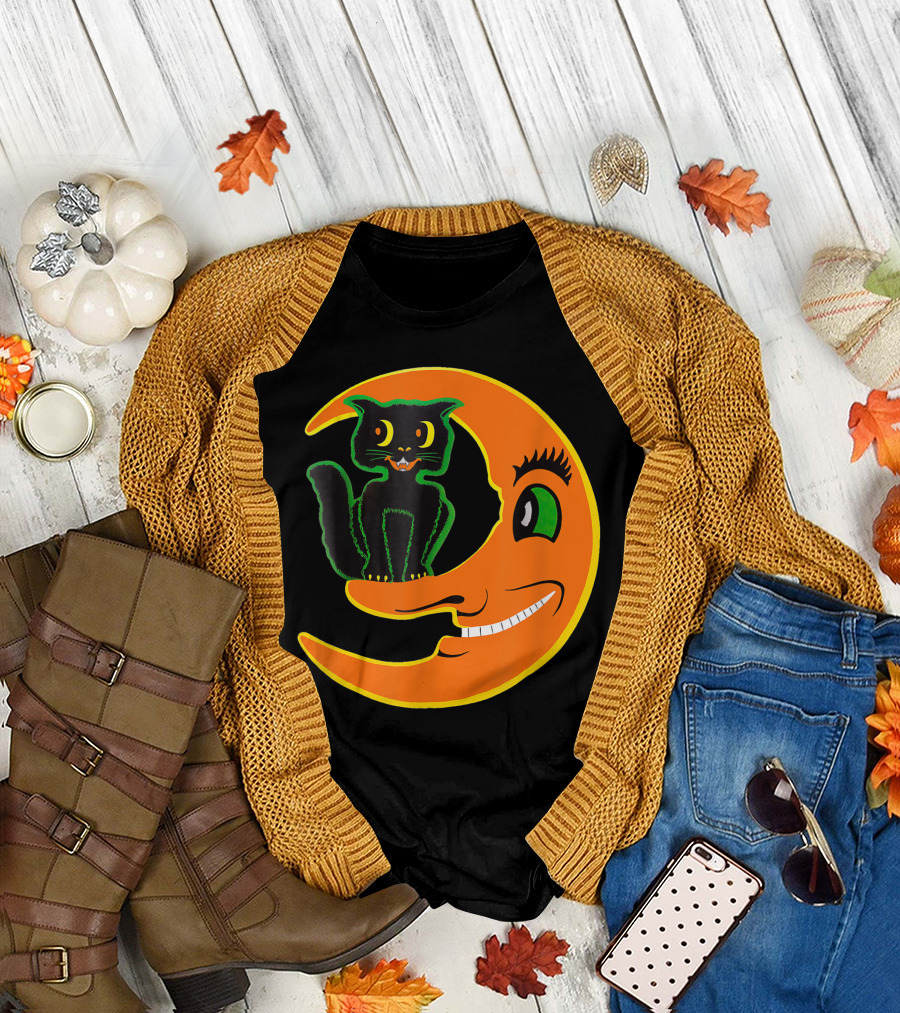 Vintage Halloween Beistle Black Cat Smiling Moon Horror T-Shirt
