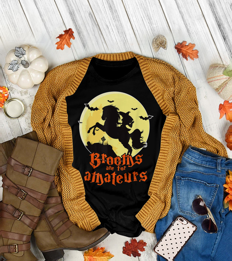 Brooms Are For Amateurs Witch Riding Horse with Bats in Moonlight T-Shirt