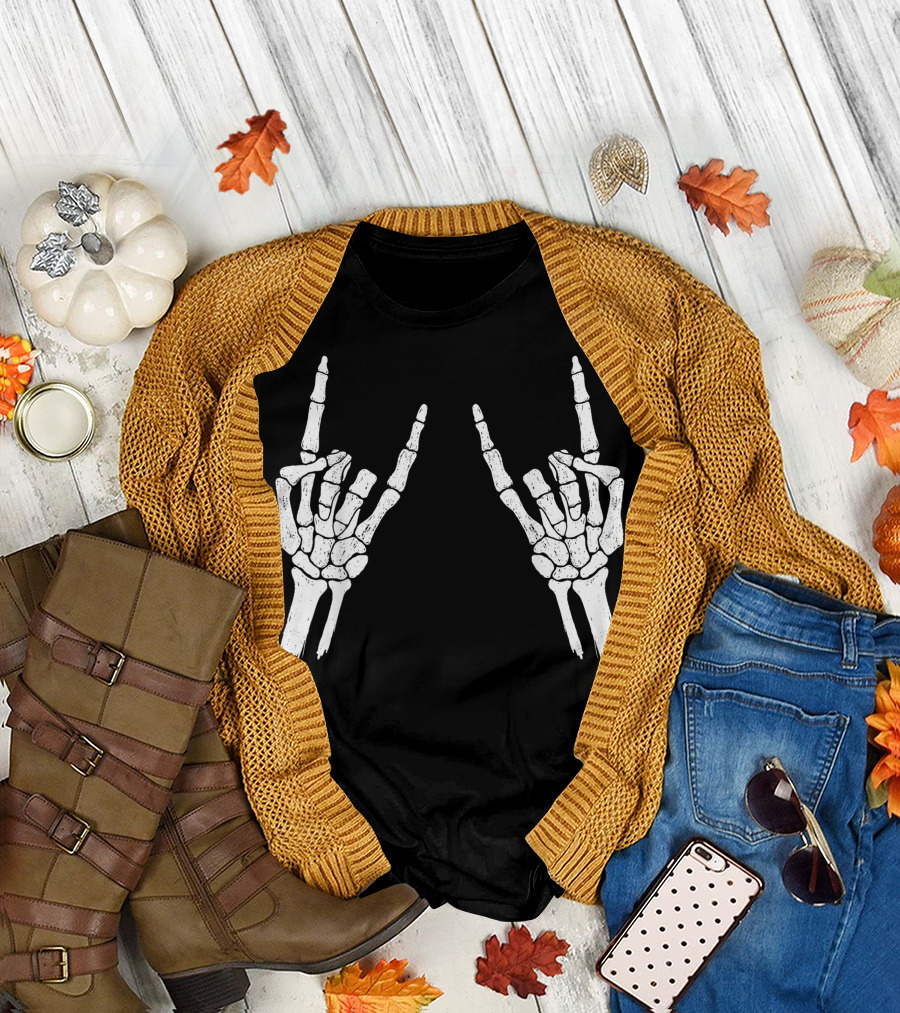 Halloween Skeleton Rocker Bone Hand Gesture T-Shirt