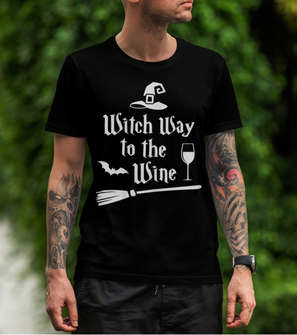Witch Way To The Wine Funny Drinking Idea With Witch Hat Broom Bat And Wine Glass T-Shirt