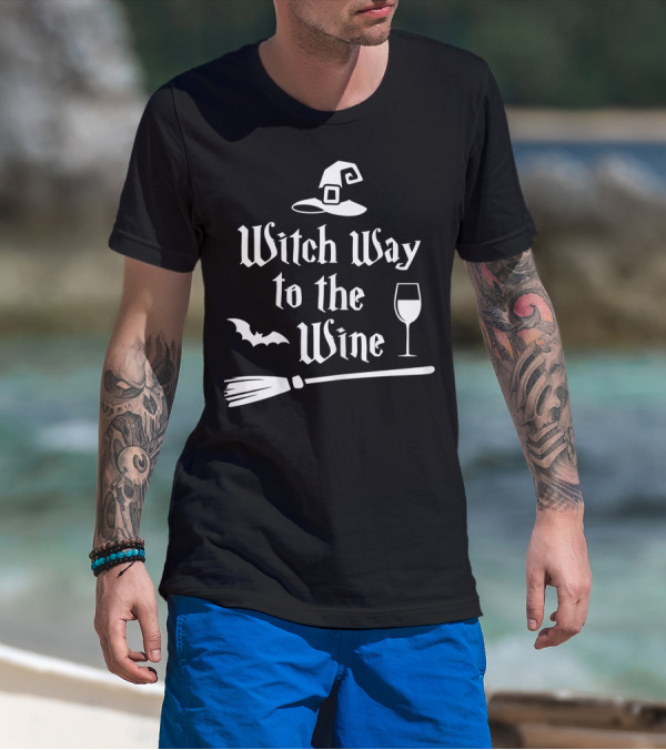 Witch Way To The Wine Funny Drinking Idea With Witch Hat Broom Bat And Wine Glass T-Shirt