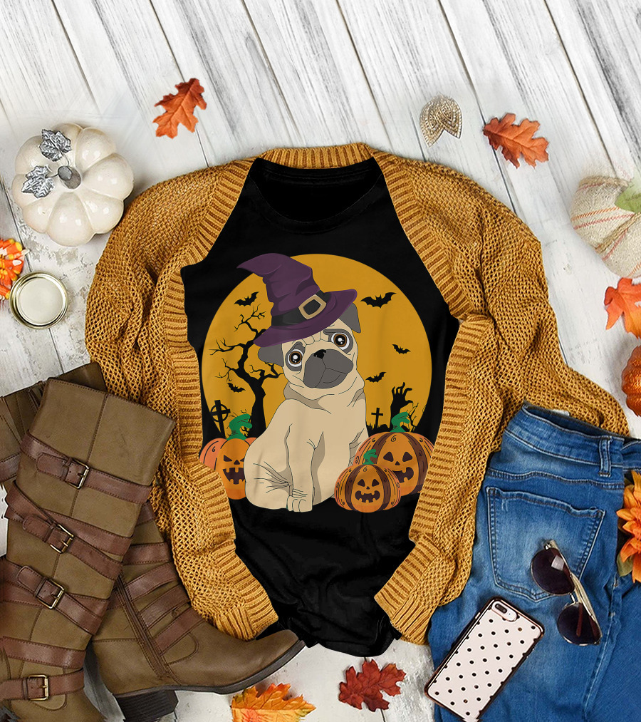 Cute Pug Witch with Pumpkins and Bats Funny Halloween T-Shirt