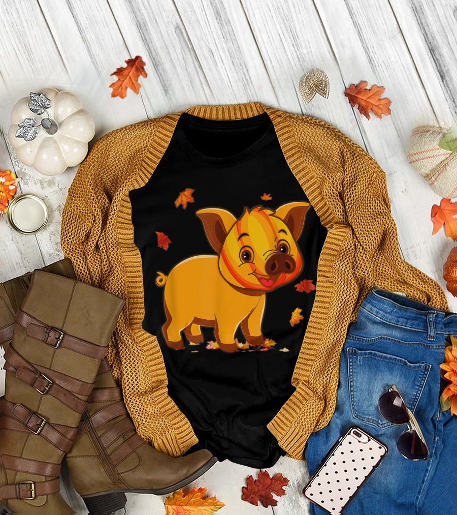 Pig Halloween Pig Pumpkin Face Leaves T-Shirt