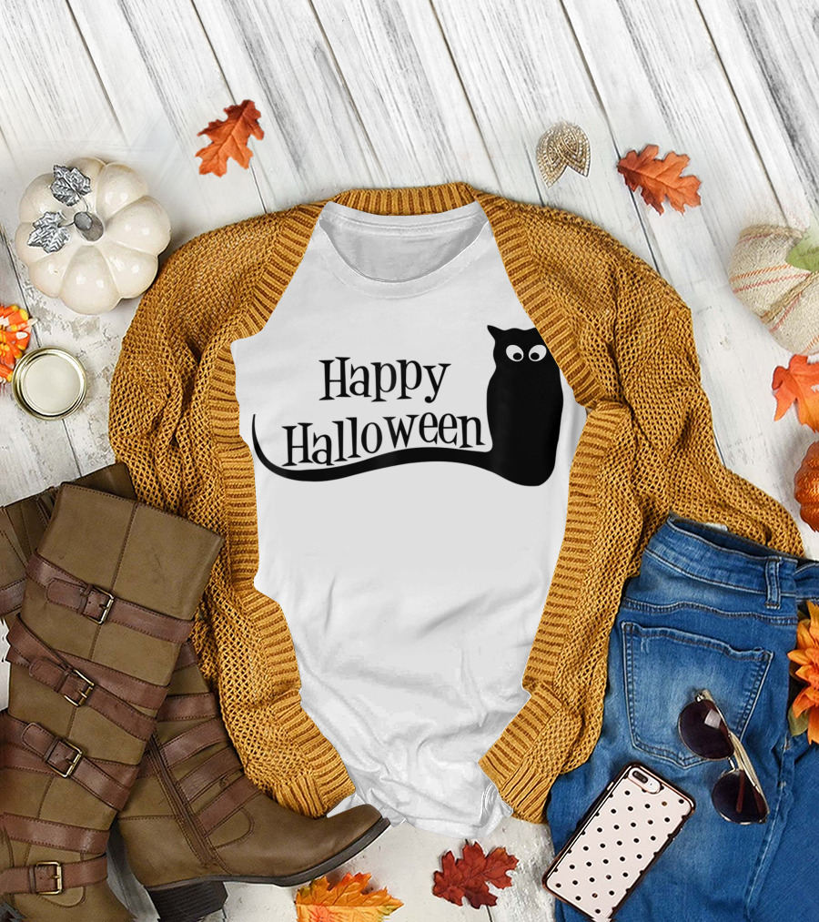 Happy Halloween Black Cat Silhouette with Whimsical Eyes T-Shirt