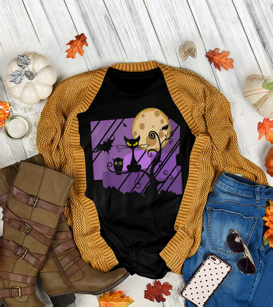 Spooky Black Cat and Owl with Bats on Halloween Full Moon Night T-Shirt
