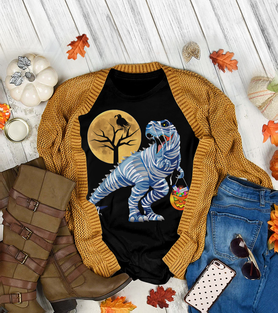 Mummy Rex Dinosaur Halloween with Candy Bag and Full Moon T-Shirt