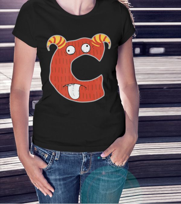 Alphabet C Monster Cute Fun Scary Creature Monogram Initial With Red Horned Face And Goofy Expression T-Shirt