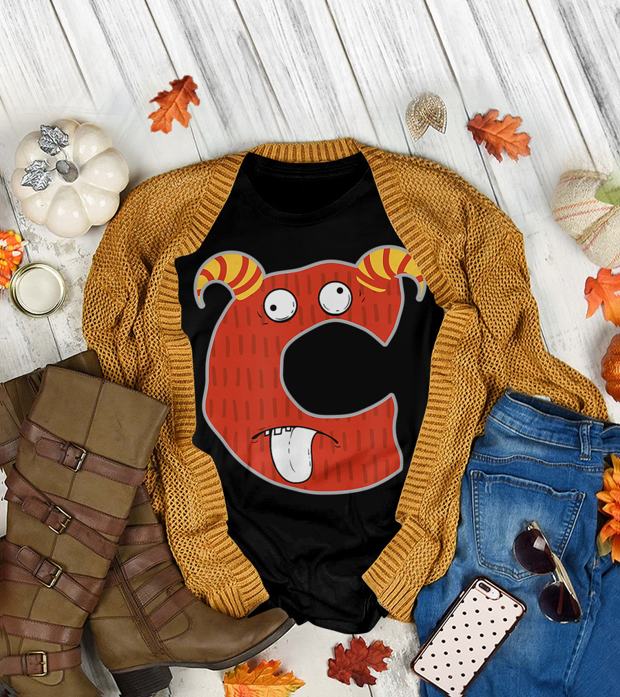 Alphabet C Monster Cute Fun Scary Creature Monogram Initial with Red Horned Face and Goofy Expression T-Shirt