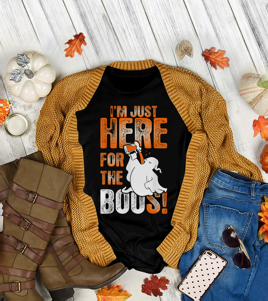 I'm Just Here for the Boos Ghost Holding Beverage Halloween T-Shirt
