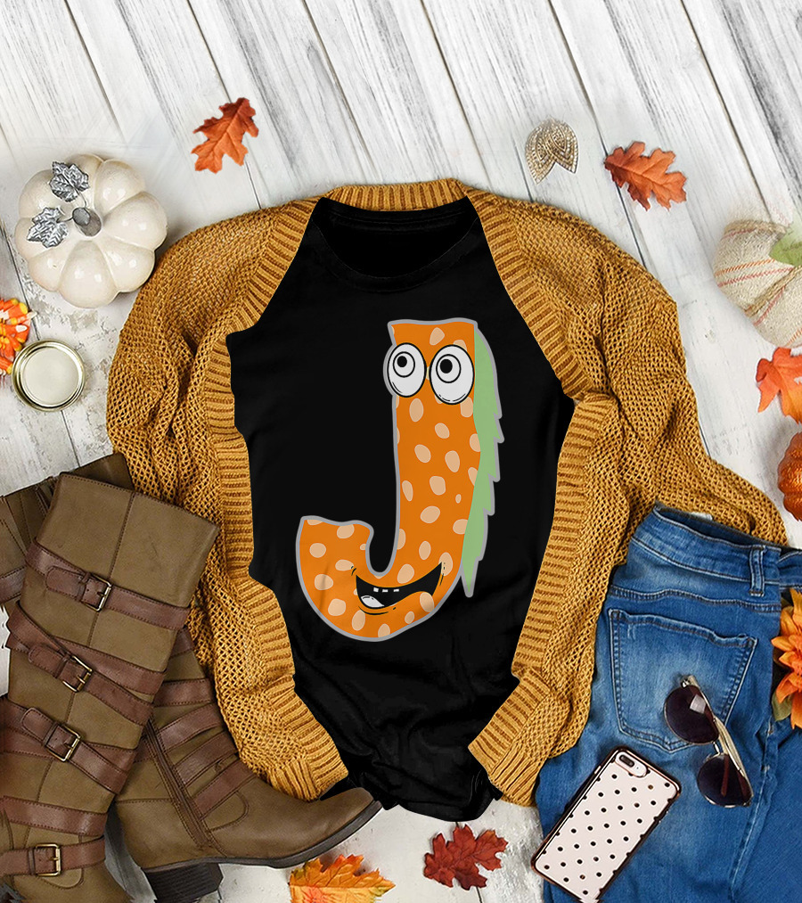 Alphabet J Monster Cute Fun Scary Creature Monogram Initial Orange Green Spotted Face Eyes Smile T-Shirt