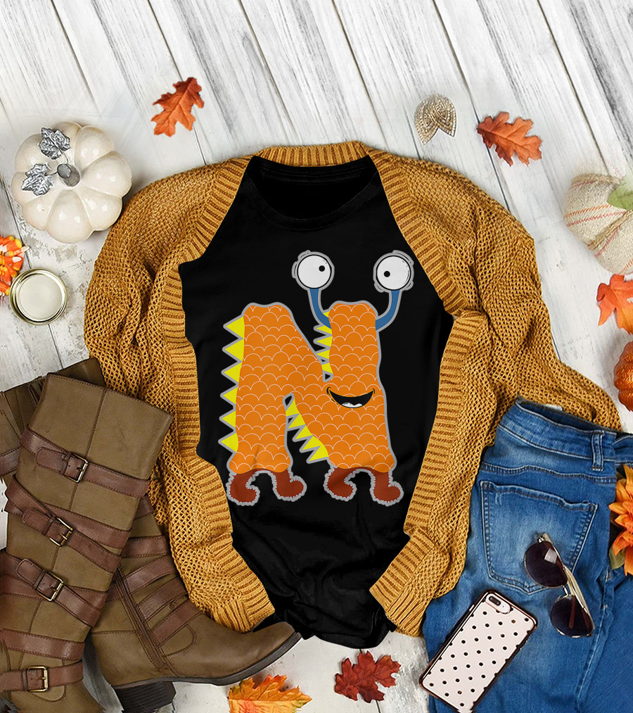 Alphabet N Monster Cute Fun Scary Creature Monogram Initial Orange Scaly Spikes Eyes Smile T-Shirt